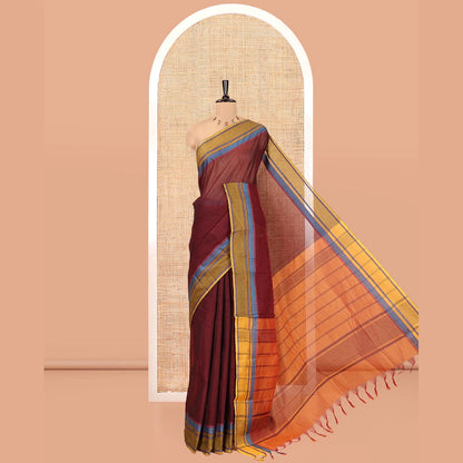 Pothys Maroon Andhra Cotton Saree, Subtly Sparkled with Stripes, a Contrast Temple Thread Border, Contrast Striped Pallu, and a Contrast Blouse