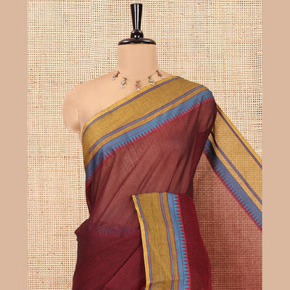 Pothys Maroon Andhra Cotton Saree, Subtly Sparkled with Stripes, a Contrast Temple Thread Border, Contrast Striped Pallu, and a Contrast Blouse