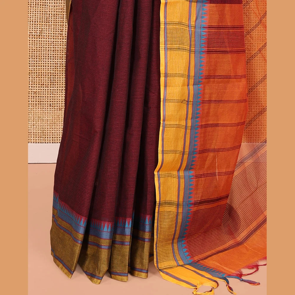 Pothys Maroon Andhra Cotton Saree, Subtly Sparkled with Stripes, a Contrast Temple Thread Border, Contrast Striped Pallu, and a Contrast Blouse