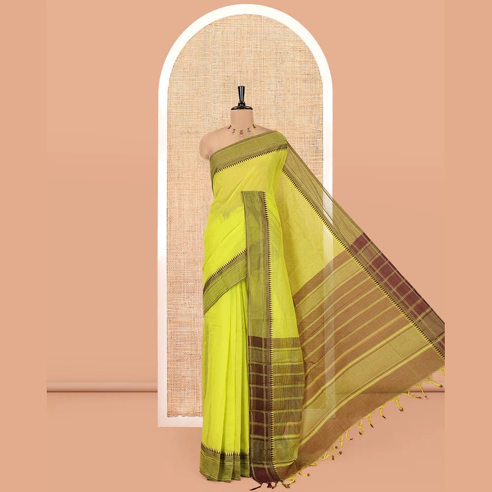 Pothys Green Andhra Cotton Saree, Sparsely Woven with Stripes, a Contrast Temple Thread Border, Contrast Striped Pallu, and a Contrast Blouse