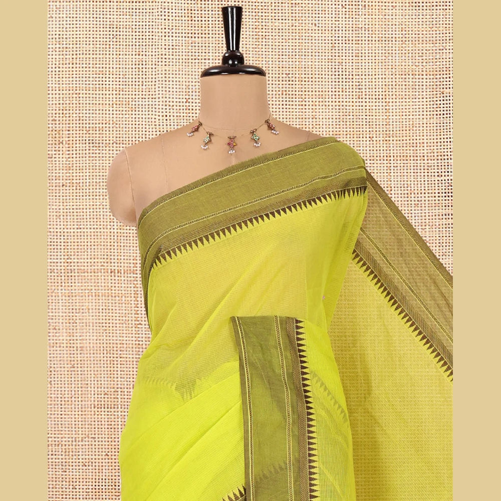 Pothys Green Andhra Cotton Saree, Sparsely Woven with Stripes, a Contrast Temple Thread Border, Contrast Striped Pallu, and a Contrast Blouse