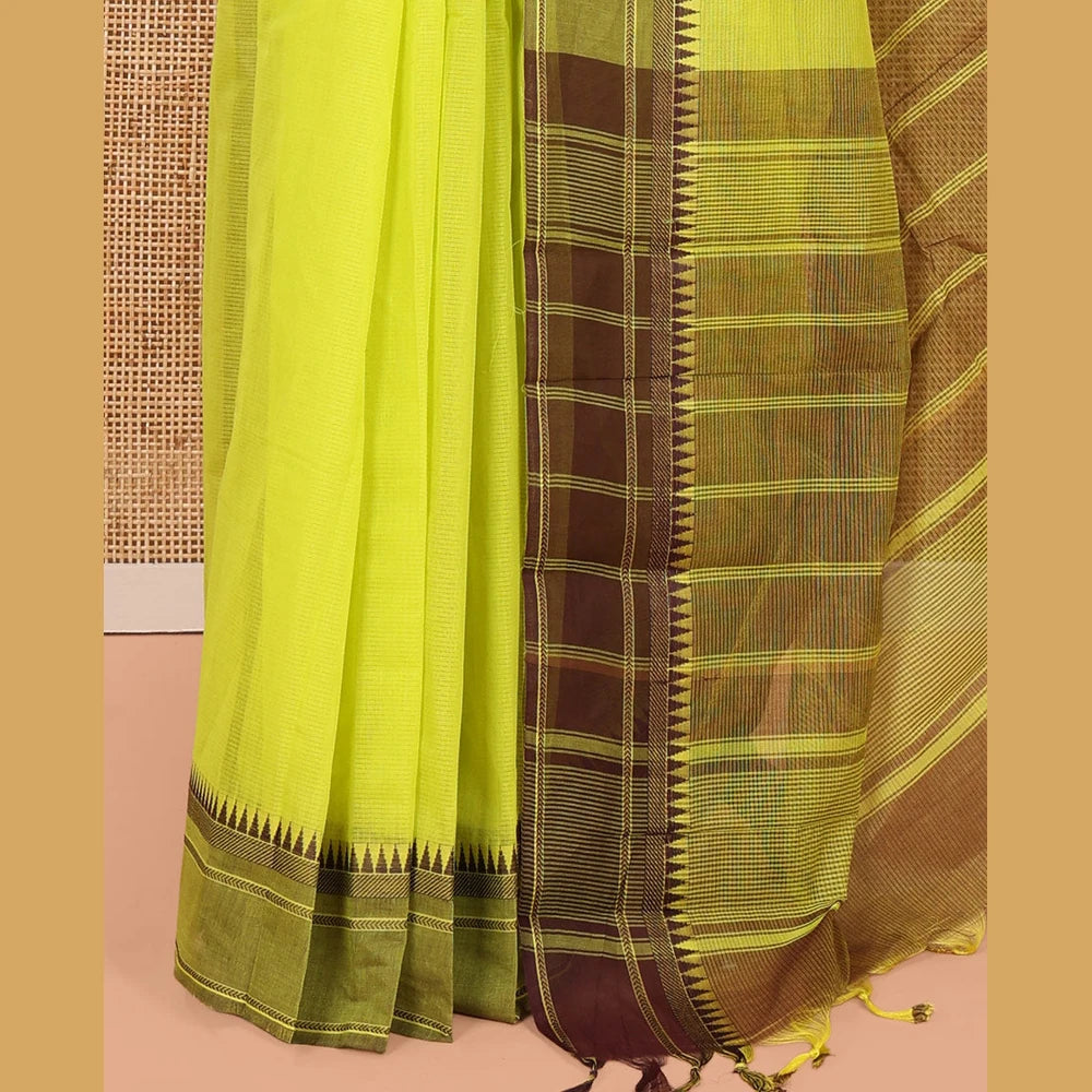 Pothys Green Andhra Cotton Saree, Sparsely Woven with Stripes, a Contrast Temple Thread Border, Contrast Striped Pallu, and a Contrast Blouse