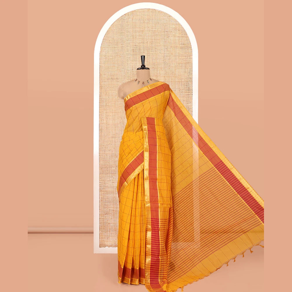 Pothys Yellow Andhra Cotton Saree, Subtly Sparkled with Checks, a Contrast Zari Traditional Border, Striped Pallu, and a Matching Blouse