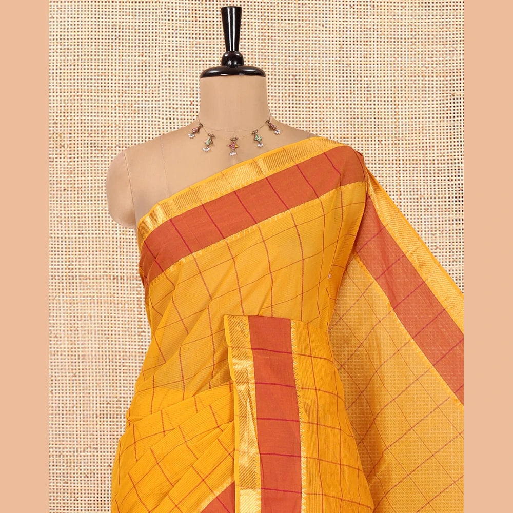 Pothys Yellow Andhra Cotton Saree, Subtly Sparkled with Checks, a Contrast Zari Traditional Border, Striped Pallu, and a Matching Blouse