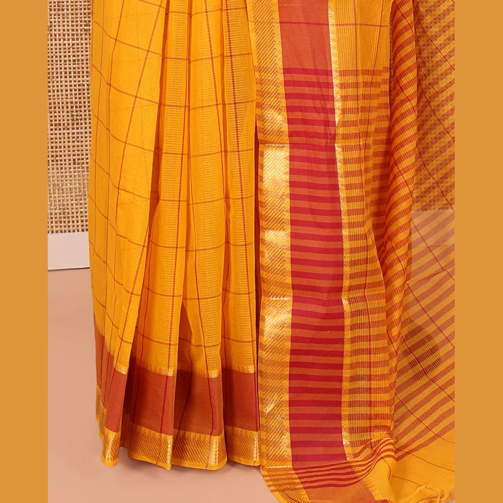 Pothys Yellow Andhra Cotton Saree, Subtly Sparkled with Checks, a Contrast Zari Traditional Border, Striped Pallu, and a Matching Blouse