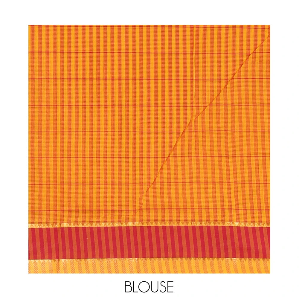 Pothys Yellow Andhra Cotton Saree, Subtly Sparkled with Checks, a Contrast Zari Traditional Border, Striped Pallu, and a Matching Blouse