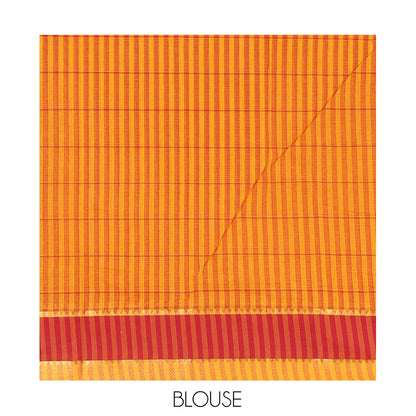 Pothys Yellow Andhra Cotton Saree, Subtly Sparkled with Checks, a Contrast Zari Traditional Border, Striped Pallu, and a Matching Blouse
