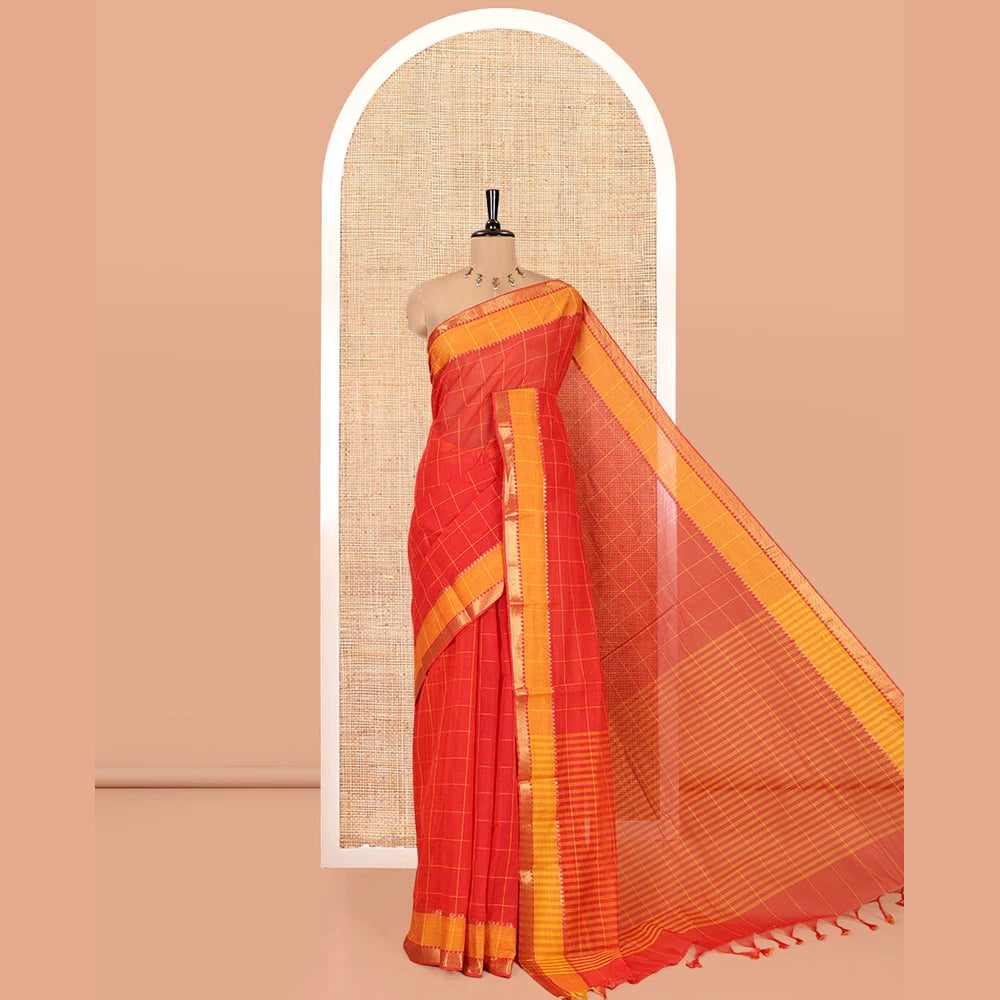 Pothys Red Andhra Cotton Saree, Subtly Sparkled with Checks, a Contrast Zari Traditional Border, Striped Pallu, and a Matching Blouse