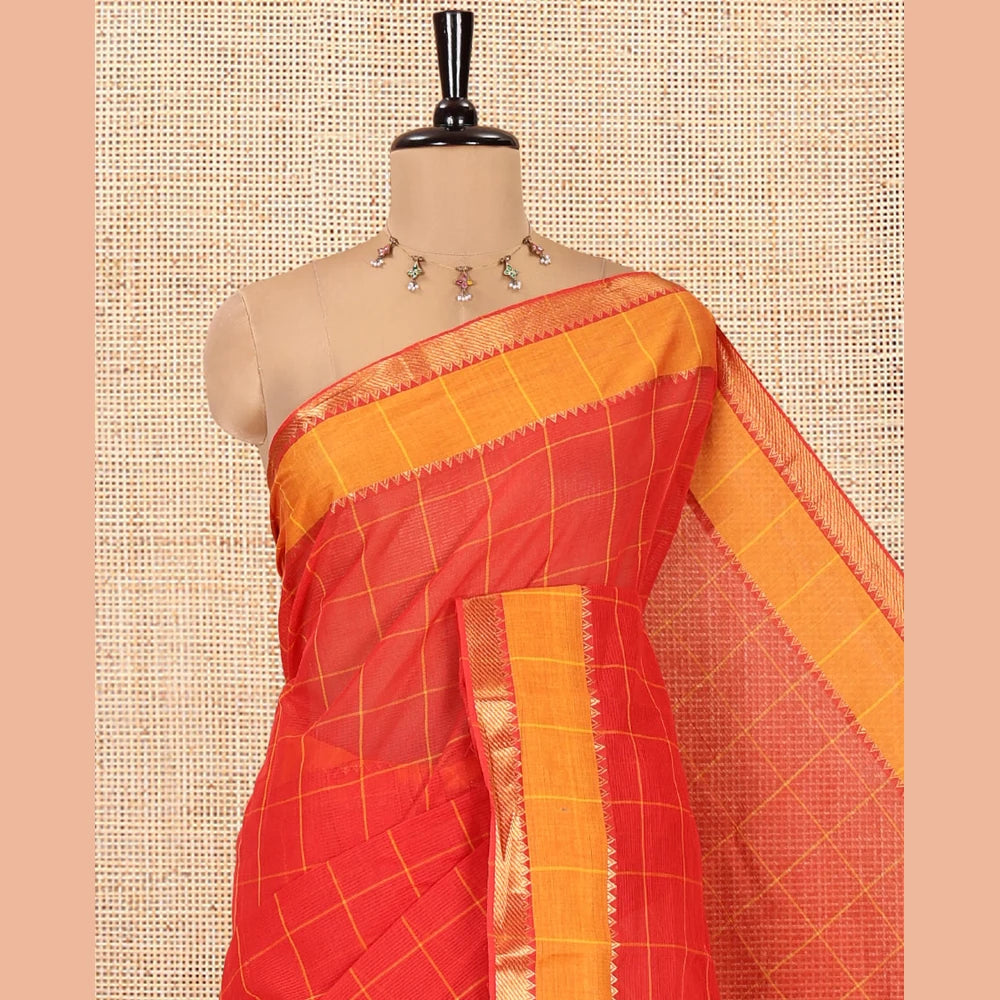Pothys Red Andhra Cotton Saree, Subtly Sparkled with Checks, a Contrast Zari Traditional Border, Striped Pallu, and a Matching Blouse