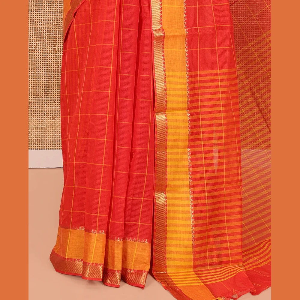 Pothys Red Andhra Cotton Saree, Subtly Sparkled with Checks, a Contrast Zari Traditional Border, Striped Pallu, and a Matching Blouse