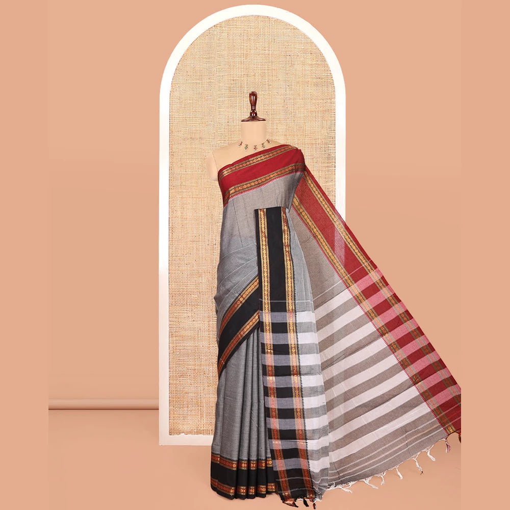 Pothys Grey Plain Mercerised Cotton Saree, Contrast Ganga-Jamuna Temple Rudraksha Border, Striped Pallu, and a Matching Blouse