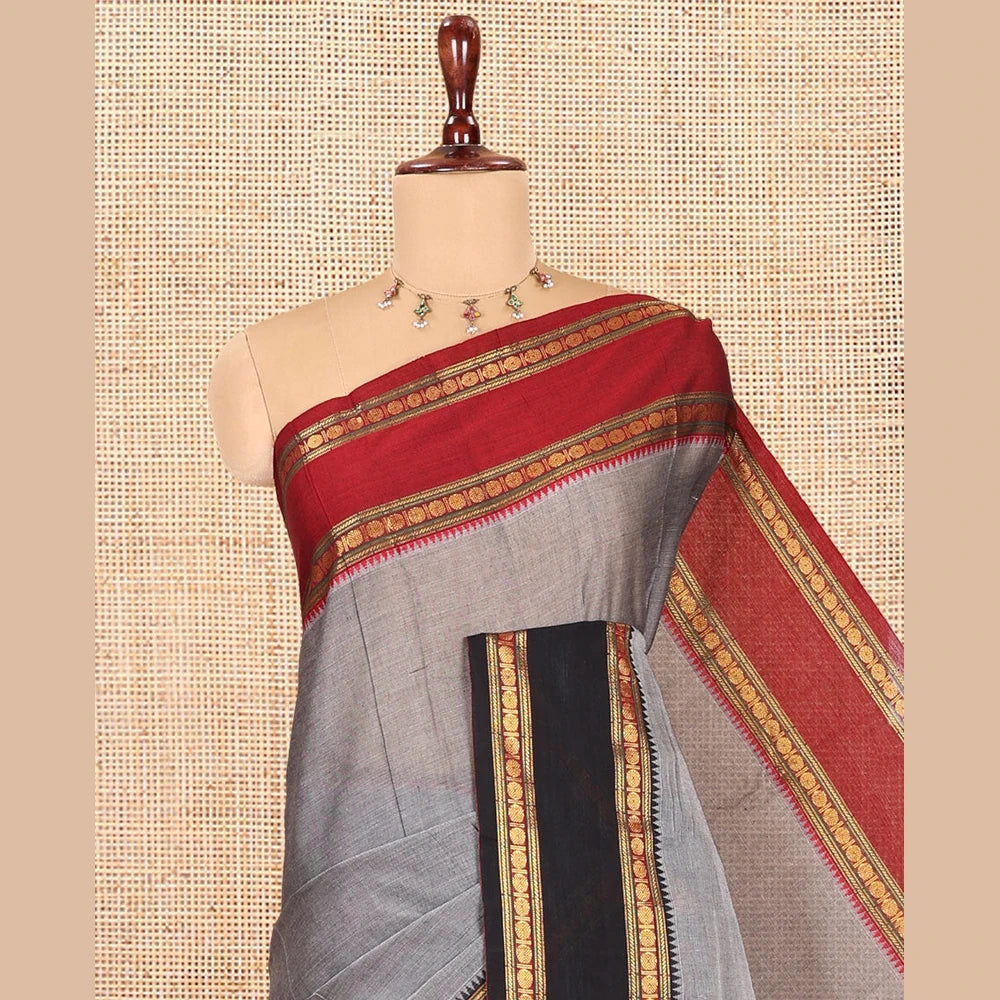 Pothys Grey Plain Mercerised Cotton Saree, Contrast Ganga-Jamuna Temple Rudraksha Border, Striped Pallu, and a Matching Blouse