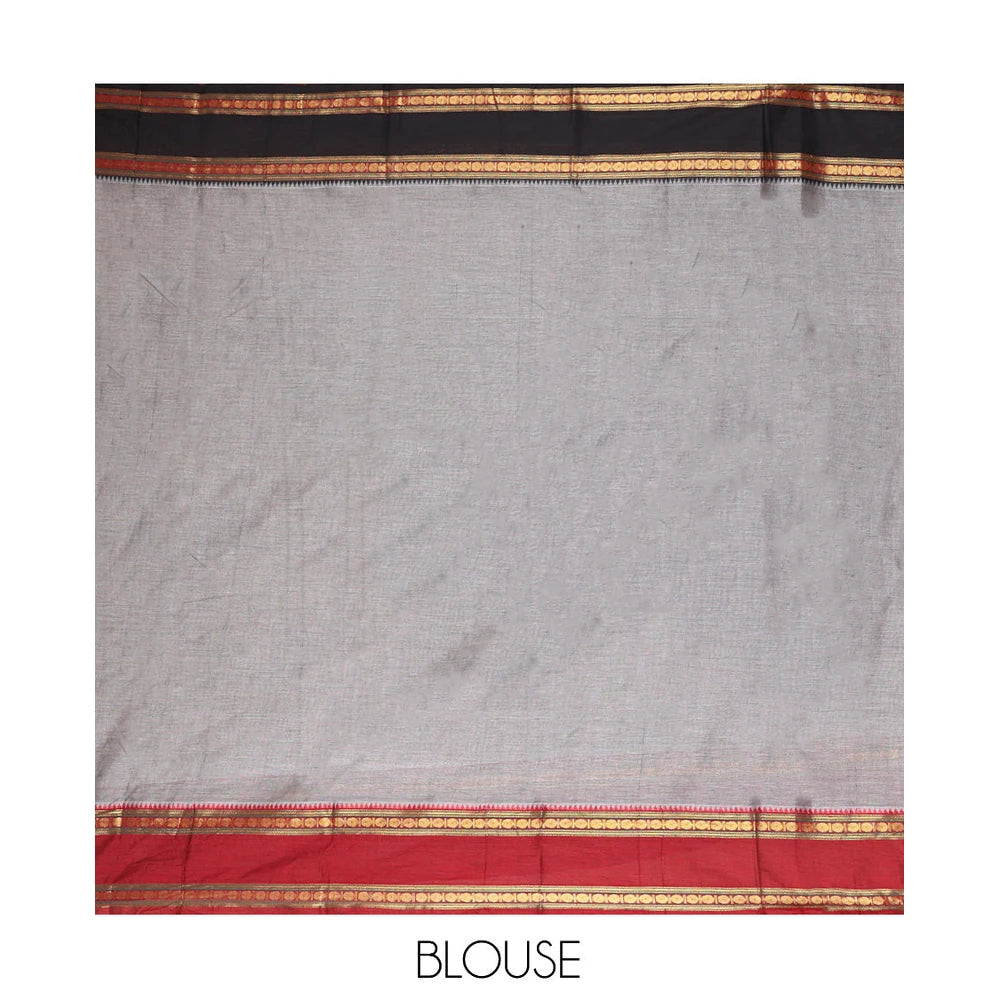 Pothys Grey Plain Mercerised Cotton Saree, Contrast Ganga-Jamuna Temple Rudraksha Border, Striped Pallu, and a Matching Blouse