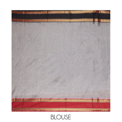 Pothys Grey Plain Mercerised Cotton Saree, Contrast Ganga-Jamuna Temple Rudraksha Border, Striped Pallu, and a Matching Blouse