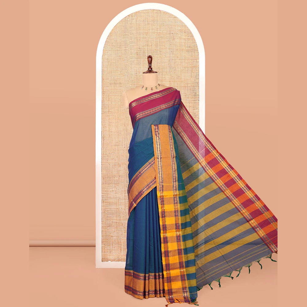 Pothys Blue Plain Mercerised Cotton Saree, Contrast Ganga-Jamuna Temple Rudraksha Border, Striped Pallu, and a Matching Blouse
