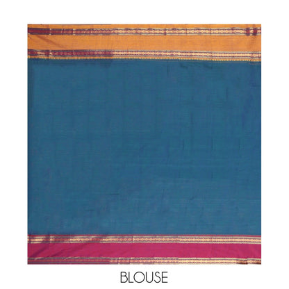 Pothys Blue Plain Mercerised Cotton Saree, Contrast Ganga-Jamuna Temple Rudraksha Border, Striped Pallu, and a Matching Blouse