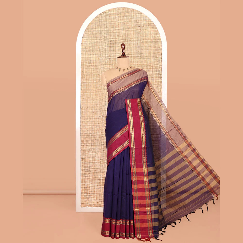 Pothys Violet Plain Mercerised Cotton Saree, Contrast Ganga-Jamuna Temple Rudraksha Border, Striped Pallu, and a Matching Blouse