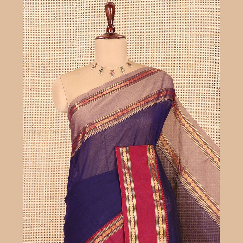 Pothys Violet Plain Mercerised Cotton Saree, Contrast Ganga-Jamuna Temple Rudraksha Border, Striped Pallu, and a Matching Blouse