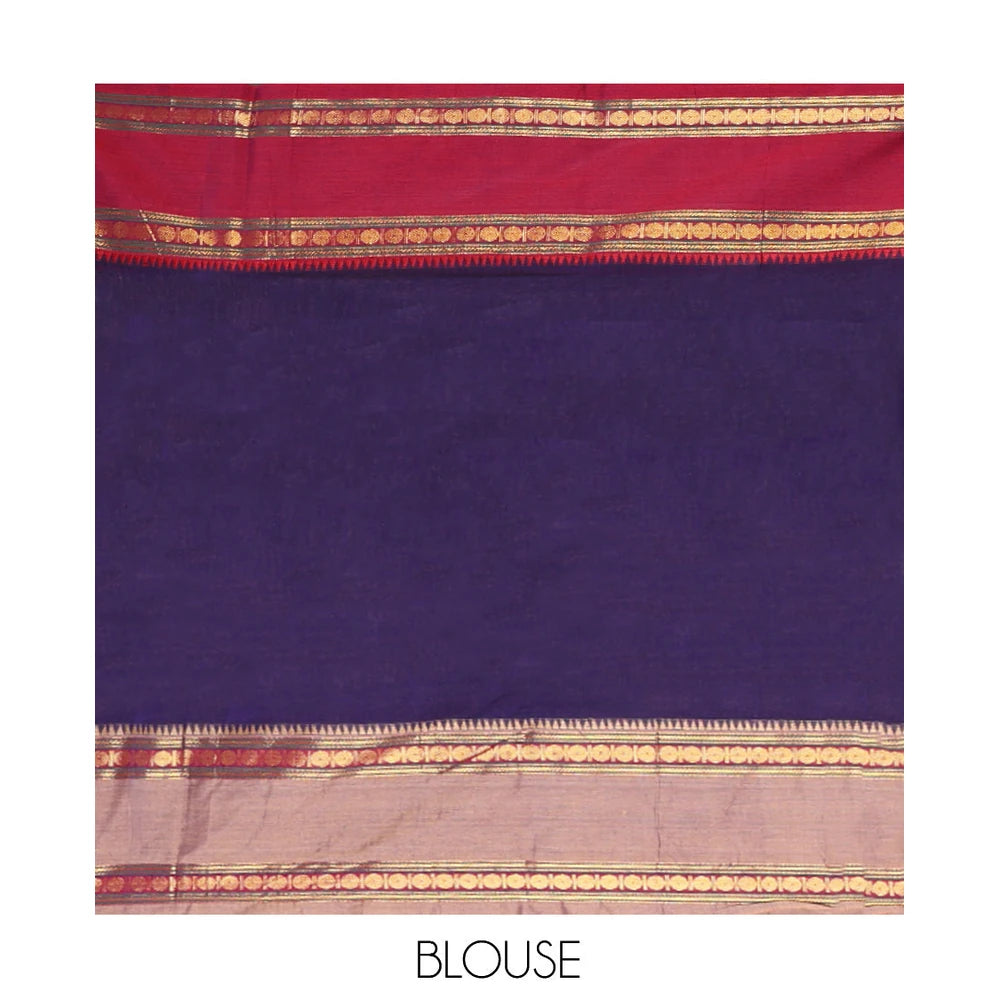 Pothys Violet Plain Mercerised Cotton Saree, Contrast Ganga-Jamuna Temple Rudraksha Border, Striped Pallu, and a Matching Blouse