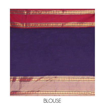 Pothys Violet Plain Mercerised Cotton Saree, Contrast Ganga-Jamuna Temple Rudraksha Border, Striped Pallu, and a Matching Blouse