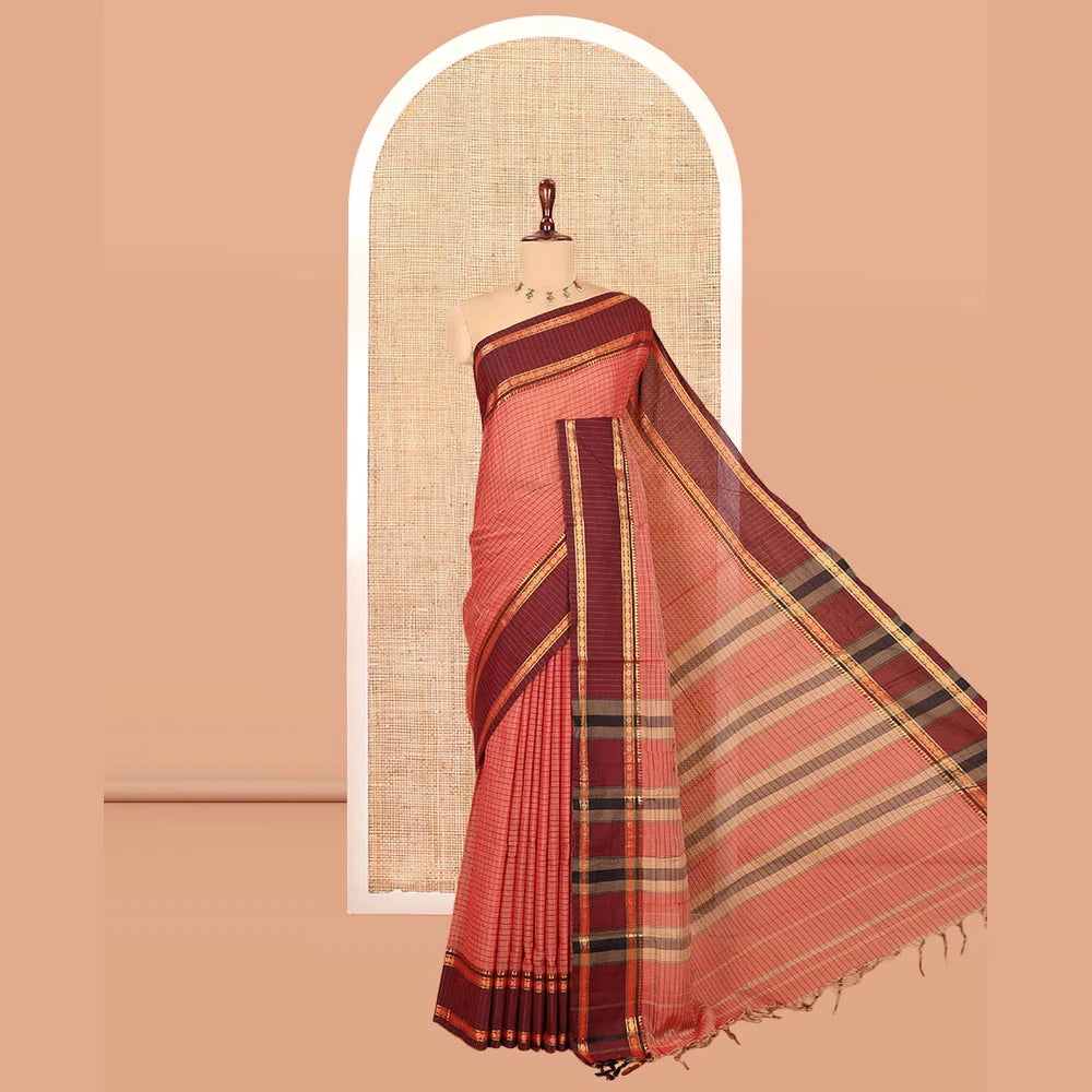 Pothys Rust Checked Mercerised Cotton Saree, Contrast Rettai Pettu Rudraksham-Temple Border, a Self-Pallu and a Matching Blouse