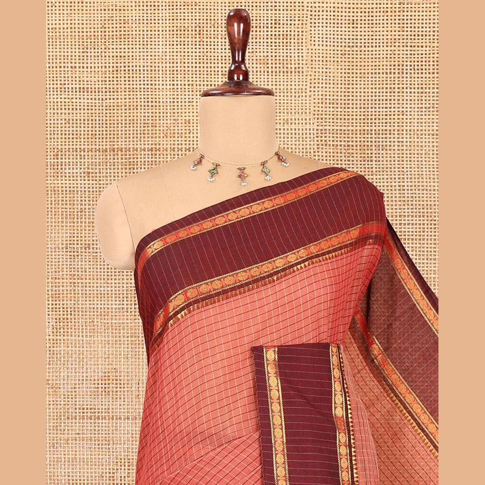 Pothys Rust Checked Mercerised Cotton Saree, Contrast Rettai Pettu Rudraksham-Temple Border, a Self-Pallu and a Matching Blouse
