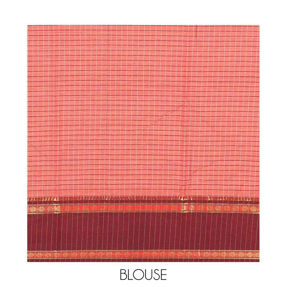 Pothys Rust Checked Mercerised Cotton Saree, Contrast Rettai Pettu Rudraksham-Temple Border, a Self-Pallu and a Matching Blouse