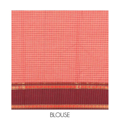 Pothys Rust Checked Mercerised Cotton Saree, Contrast Rettai Pettu Rudraksham-Temple Border, a Self-Pallu and a Matching Blouse