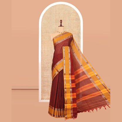 Pothys Maroon Checked Mercerised Cotton Saree, Contrast Rettai Pettu Rudraksham-Temple Border, a Self-Pallu and a Matching Blouse