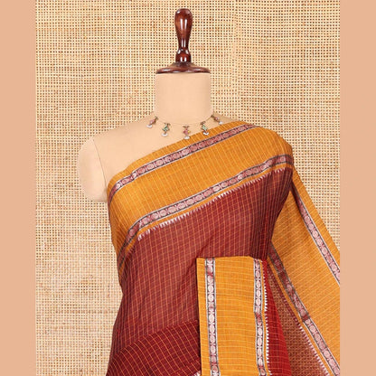Pothys Maroon Checked Mercerised Cotton Saree, Contrast Rettai Pettu Rudraksham-Temple Border, a Self-Pallu and a Matching Blouse