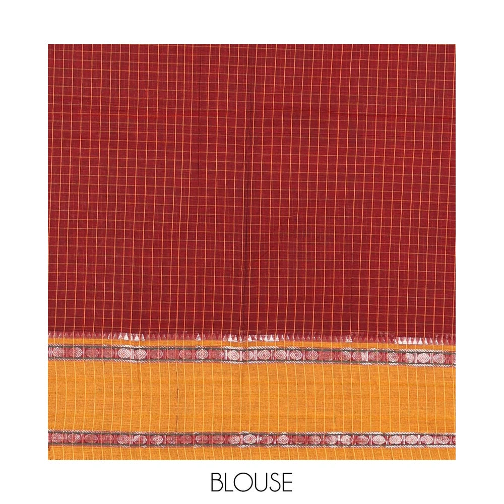Pothys Maroon Checked Mercerised Cotton Saree, Contrast Rettai Pettu Rudraksham-Temple Border, a Self-Pallu and a Matching Blouse