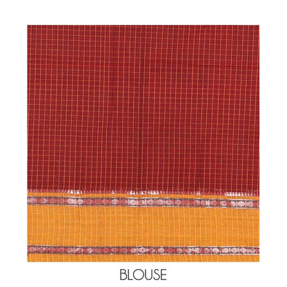 Pothys Maroon Checked Mercerised Cotton Saree, Contrast Rettai Pettu Rudraksham-Temple Border, a Self-Pallu and a Matching Blouse