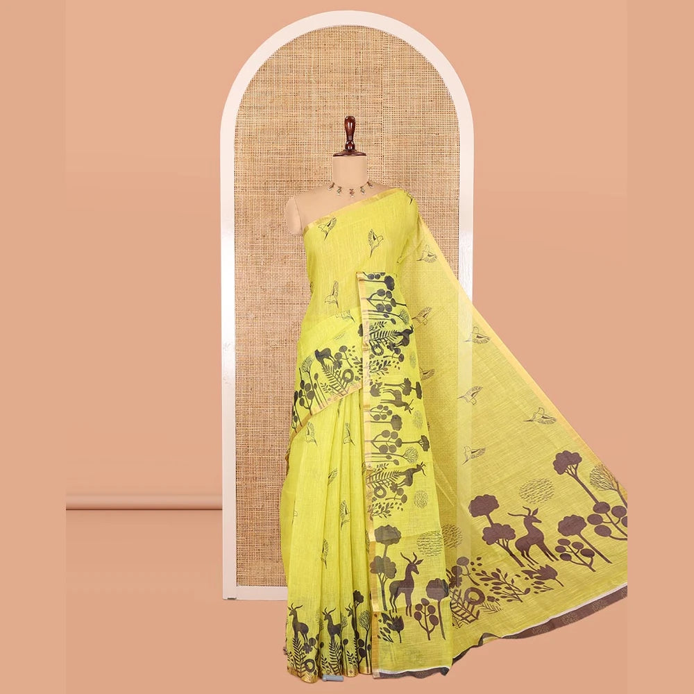 Pothys Lemon Yellow Linen Cotton Saree, Accentuated with Flora-Fauna Print, a Piping Border, Printed Pallu and a Contrast Blouse