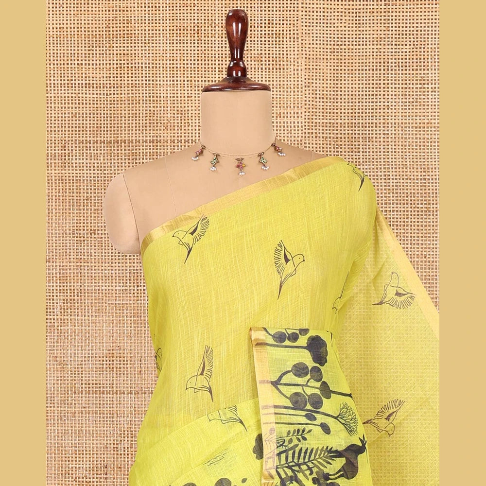 Pothys Lemon Yellow Linen Cotton Saree, Accentuated with Flora-Fauna Print, a Piping Border, Printed Pallu and a Contrast Blouse