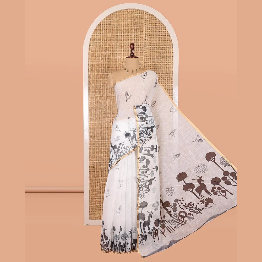 Pothys White Linen Cotton Saree, Accentuated with Flora-Fauna Print, a Piping Border, Printed Pallu and a Contrast Blouse