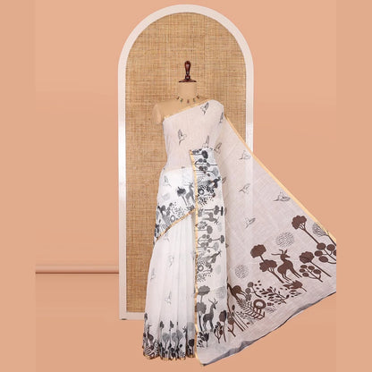 Pothys White Linen Cotton Saree, Accentuated with Flora-Fauna Print, a Piping Border, Printed Pallu and a Contrast Blouse