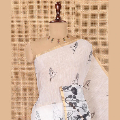 Pothys White Linen Cotton Saree, Accentuated with Flora-Fauna Print, a Piping Border, Printed Pallu and a Contrast Blouse