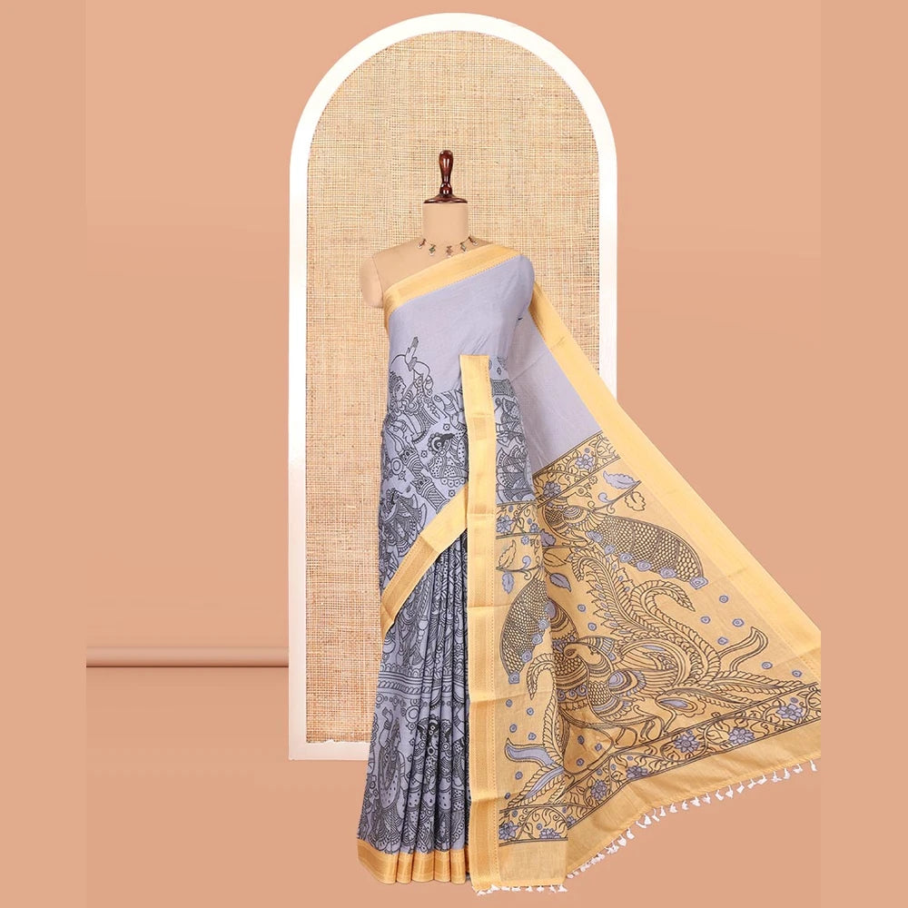 Pothys Grey Mangalagiri Cotton Saree Features Kalamkari Flora-Fauna-Humans, a Contrast Border, and Printed Blouse