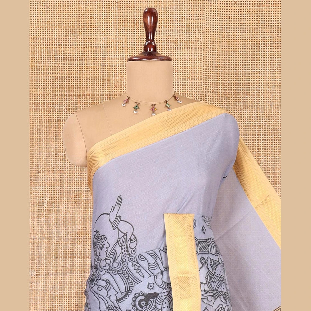 Pothys Grey Mangalagiri Cotton Saree Features Kalamkari Flora-Fauna-Humans, a Contrast Border, and Printed Blouse