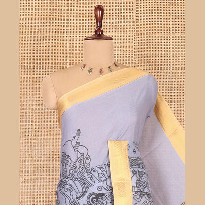Pothys Grey Mangalagiri Cotton Saree Features Kalamkari Flora-Fauna-Humans, a Contrast Border, and Printed Blouse