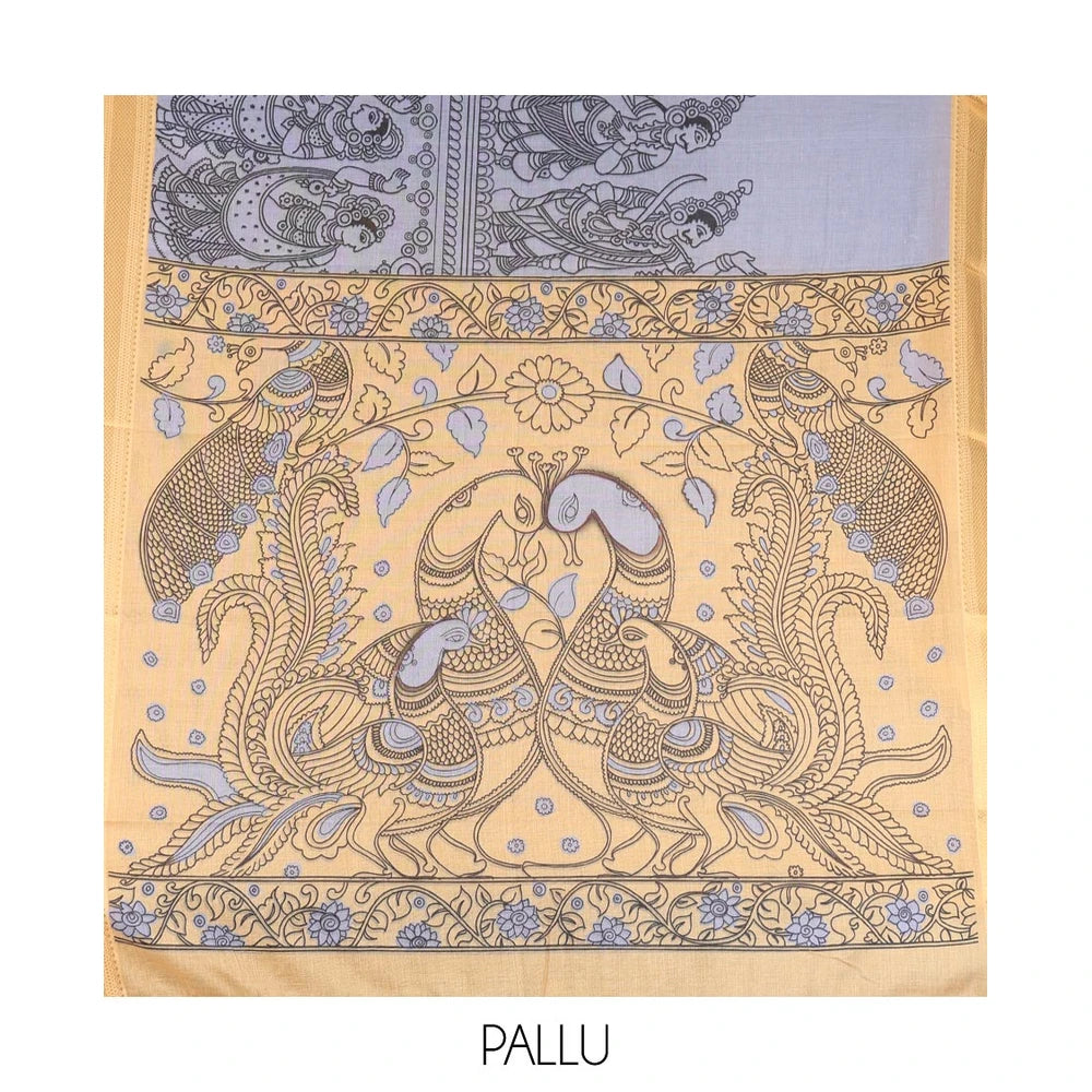 Pothys Grey Mangalagiri Cotton Saree Features Kalamkari Flora-Fauna-Humans, a Contrast Border, and Printed Blouse