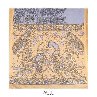 Pothys Grey Mangalagiri Cotton Saree Features Kalamkari Flora-Fauna-Humans, a Contrast Border, and Printed Blouse