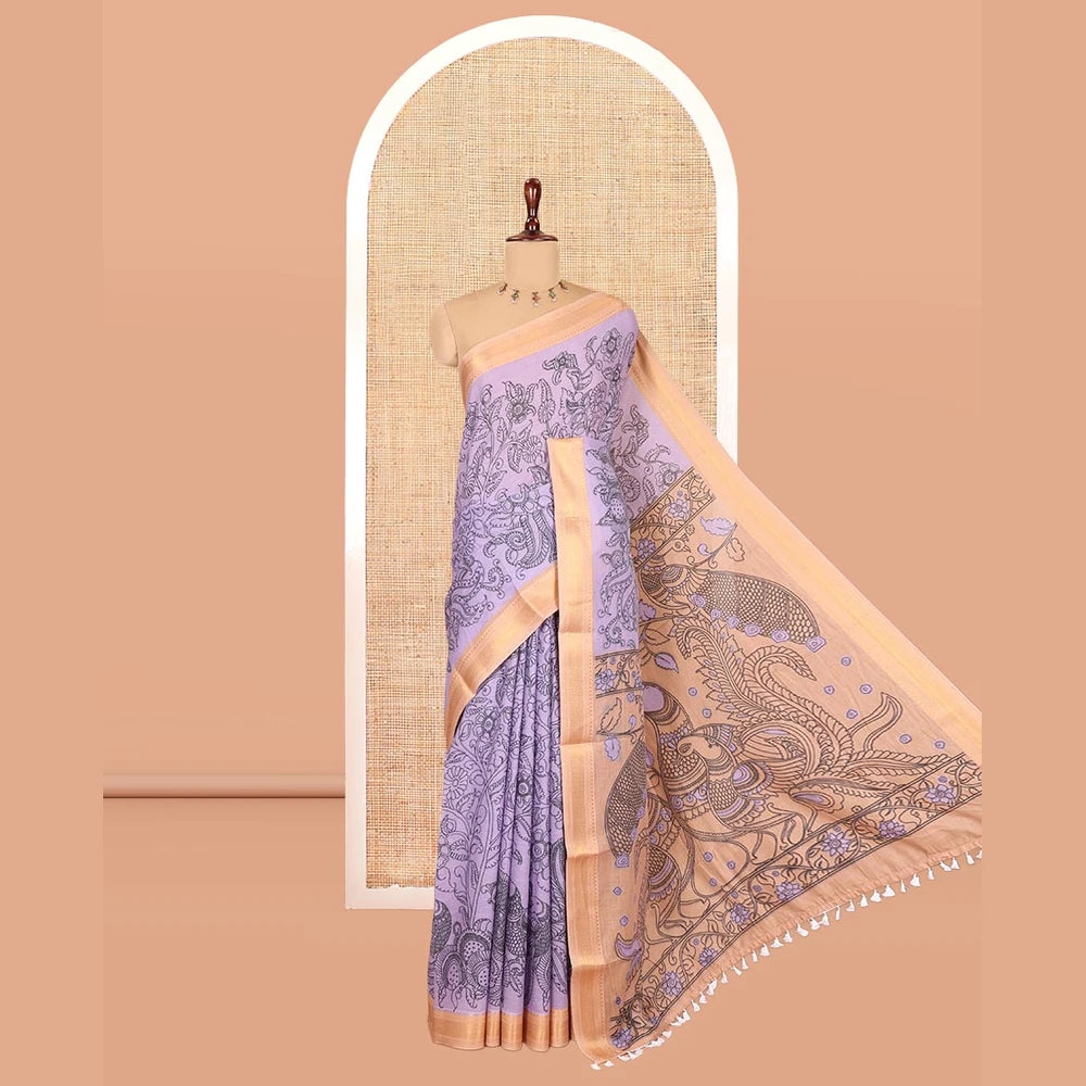 Pothys Lavender Mangalagiri Cotton Saree Features Kalamkari Flora-Fauna-Humans, a Contrast Border, and Printed Blouse