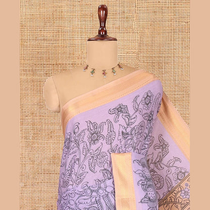 Pothys Lavender Mangalagiri Cotton Saree Features Kalamkari Flora-Fauna-Humans, a Contrast Border, and Printed Blouse