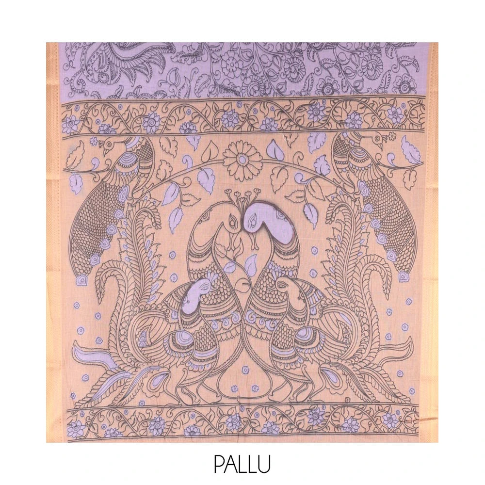 Pothys Lavender Mangalagiri Cotton Saree Features Kalamkari Flora-Fauna-Humans, a Contrast Border, and Printed Blouse