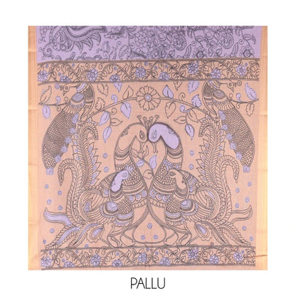 Pothys Lavender Mangalagiri Cotton Saree Features Kalamkari Flora-Fauna-Humans, a Contrast Border, and Printed Blouse