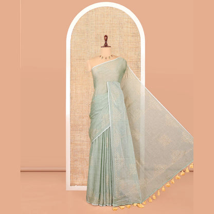 Pothys Borderless Pista Green Khadi Mul Cotton Saree Features Kambi Kolam Motifs, a Self-Pallu, and No Blouse