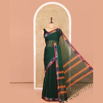 Pothys Green Plain Mercerised Cotton Saree, a Contrast Ikat Border, an Ikat Weave Pallu, and a Matching Blouse