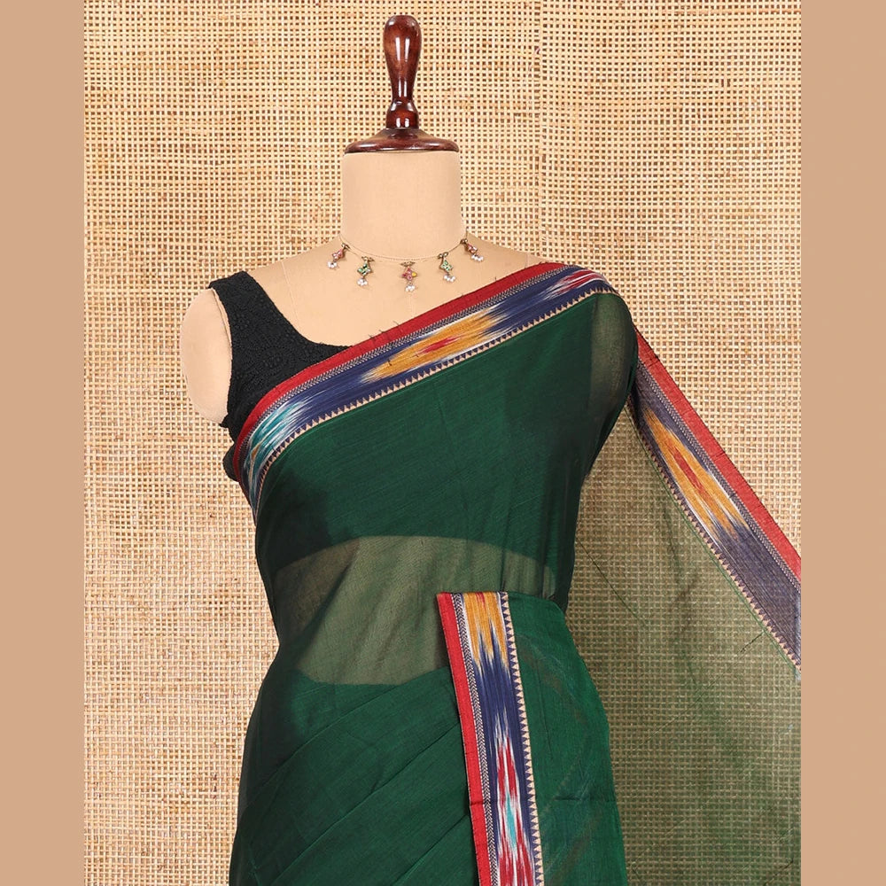 Pothys Green Plain Mercerised Cotton Saree, a Contrast Ikat Border, an Ikat Weave Pallu, and a Matching Blouse
