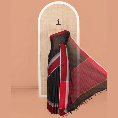Pothys Black Striped Andhra Cotton Saree, Complemented by a Contrast Border, Checked Pallu, and a Matching Blouse